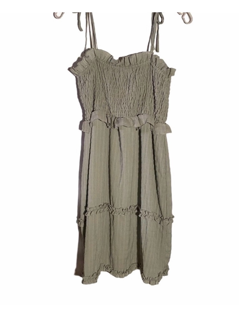 Johnny Becca Smocked Tie-Shoulder Sundress in Olive Green